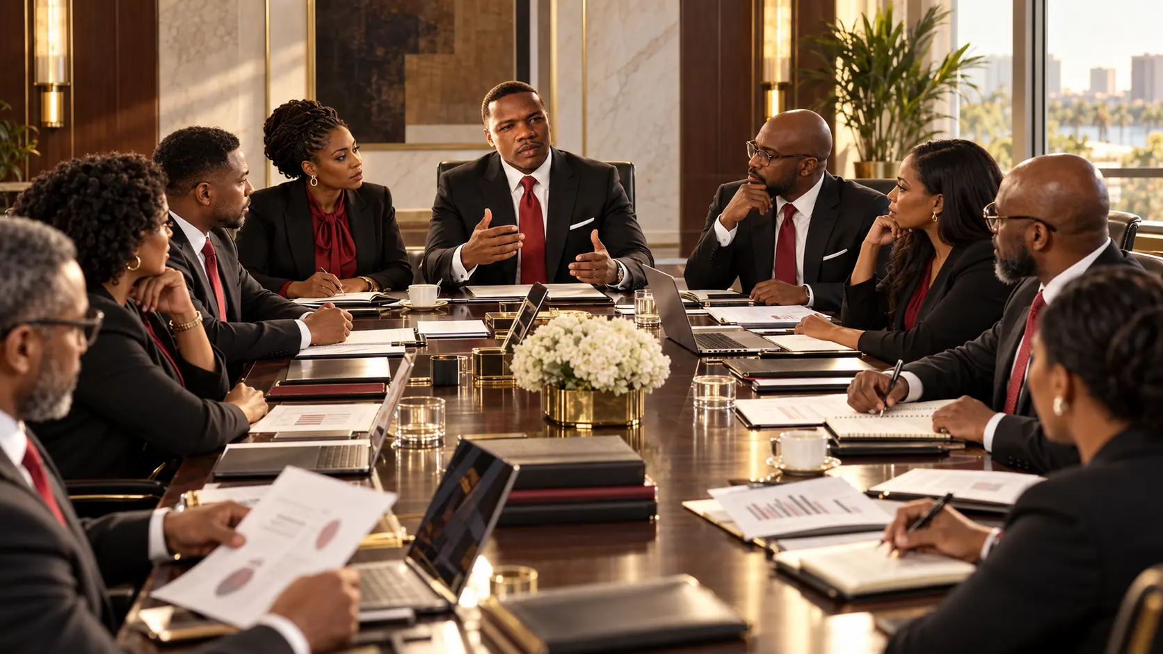 Associates seated around a formal working table